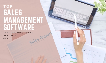 Sales management software dashboard with tablet, stylus, and sales report for growing teams.