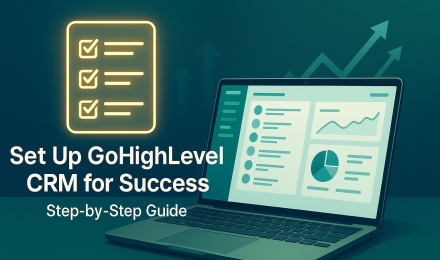 Step-by-step guide to set up GoHighLevel CRM for business success with dashboard and checklist illustration.