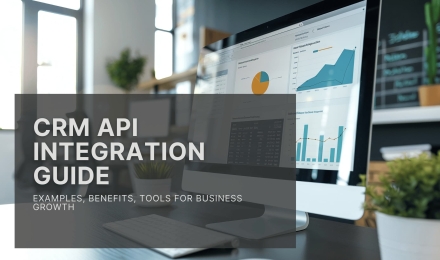 CRM API integration guide displayed on computer screen with analytics dashboard, showing examples, benefits, and tools for business growth.