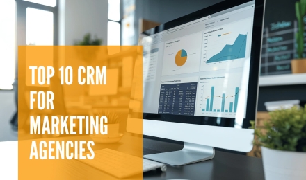 CRM software dashboard for marketing agencies showing analytics and sales tools with text 'Top 10 CRM for Marketing Agencies'.