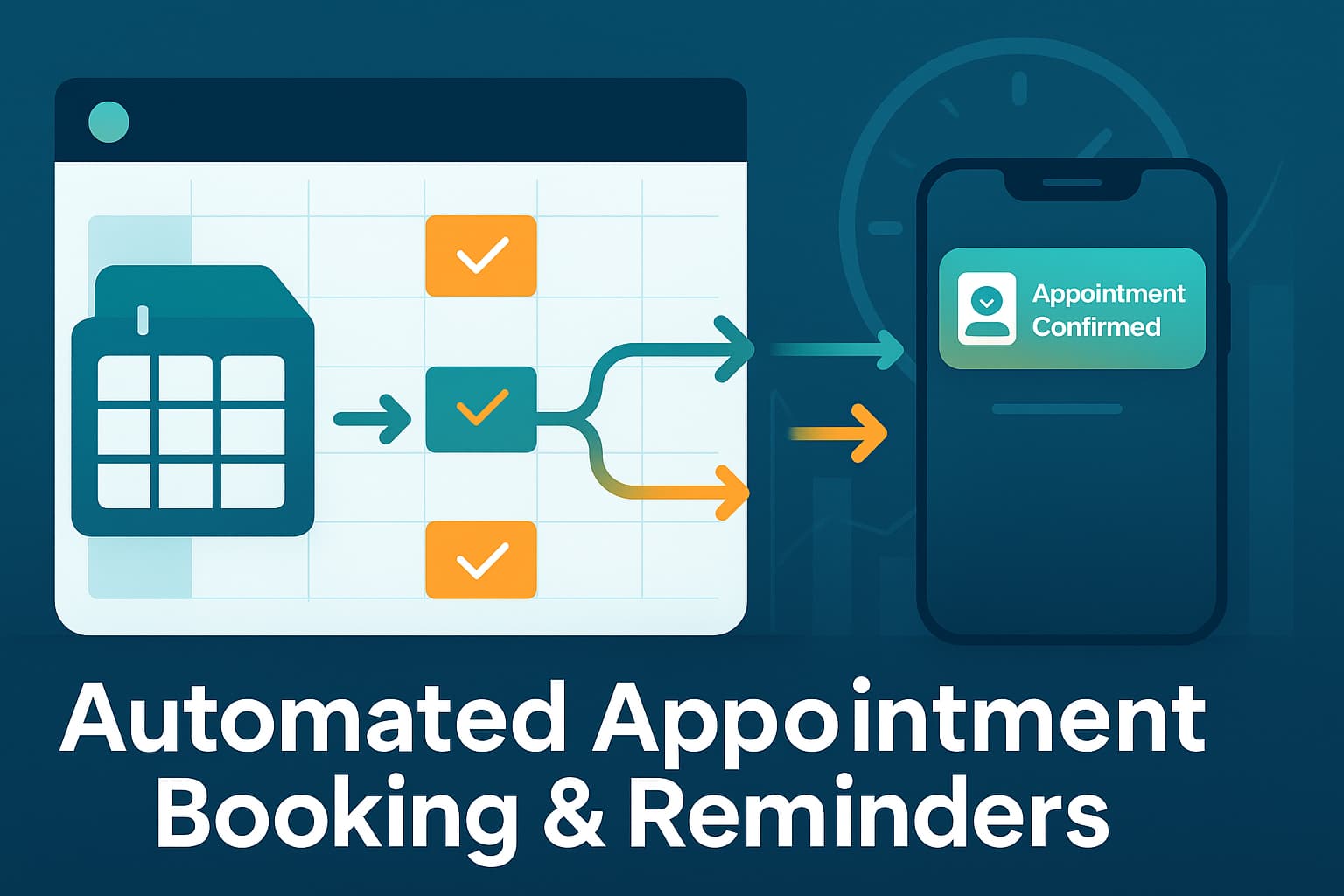 Automated appointment booking and reminders illustration showing calendar syncing with mobile confirmation
