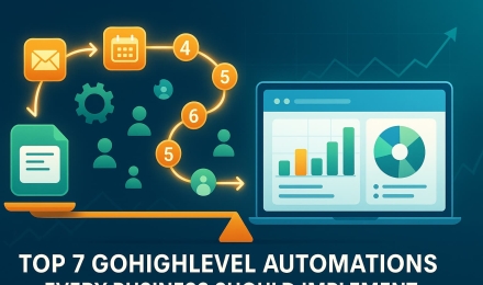 GoHighLevel automation workflow illustration with email, calendar, user flow, and business analytics dashboard