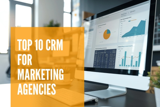 CRM software dashboard for marketing agencies showing analytics and sales tools with text 'Top 10 CRM for Marketing Agencies'.