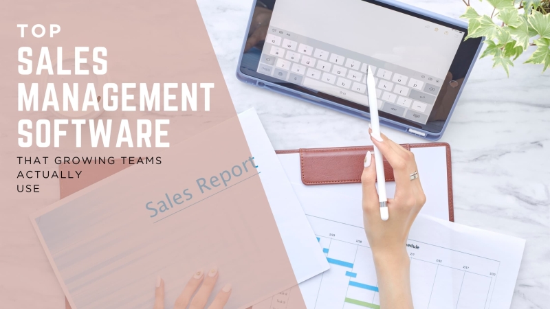 Sales management software dashboard with tablet, stylus, and sales report for growing teams.