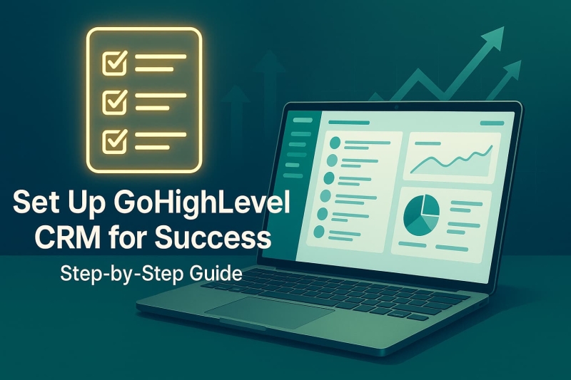 Step-by-step guide to set up GoHighLevel CRM for business success with dashboard and checklist illustration.