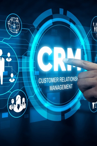 Modern CRM technology concept showing customer relationship management system with futuristic digital icons for business growth and client engagement.