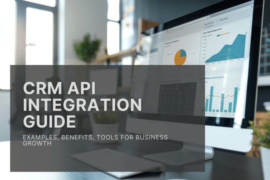 CRM API integration guide displayed on computer screen with analytics dashboard, showing examples, benefits, and tools for business growth.