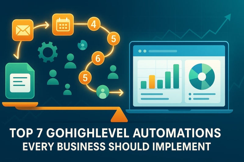 GoHighLevel automation workflow illustration with email, calendar, user flow, and business analytics dashboard